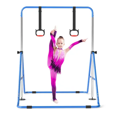 Obrázok produktu pre COSTWAY Gymnastická tyč pre deti, hrazda s 4 výškami a gymnastickými kruhmi, gymnastická tyč pre vnútorné a vonkajšie použitie, rozširovateľná gymnastická hrazda pre deti od 3 do 12 rokov