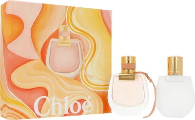 A gift set of Chloé Nomade Eau de Parfum and body lotion, presented with a decorative box.