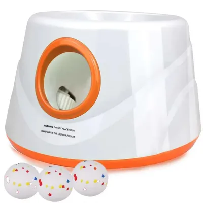 Obrázek produktu pro Automatický odpalovač míčků pro psy – interaktivní hračka pro psy – 3 úrovně dosahu – nabíjecí – s 3 míčky – pro malé psy a štěňata – oranžová barva