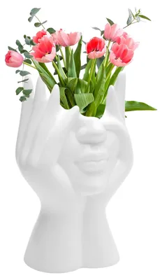 Produktbild von Omgoods - Keramikvase, 19 x 9 cm - Tulpenvase - Blumentopf mit Gesicht - Ästhetische Dekoration - Modern - Weiße Vase