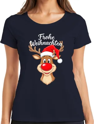 Produktbild von Frohe Weihnachten Rudolph rote Nase Weihnachtsmütze Kinder Lustig Damen T-Shirt, Navy, L