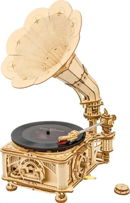 A wooden model of a classical gramophone with a record on the turntable.