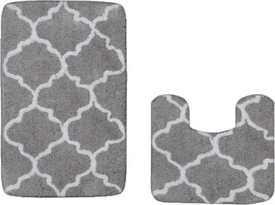 Image de Set de tapis de salle de bain, 2 pièces, antidérapant, motif géométrique, doux, à la mode, pour salle de bain, salon, décoration de la maison - Gris