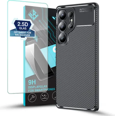 A smartphone case and screen protector are displayed against a white background.