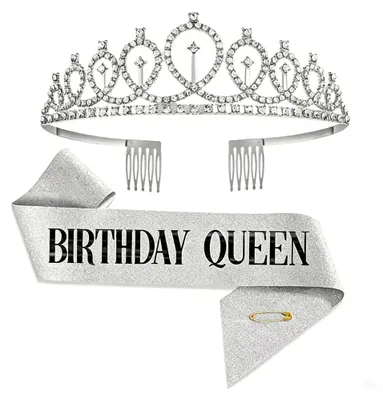 Geburtstagskrone & Schärpe Set, silber, Glitzer, Satin, für Damen