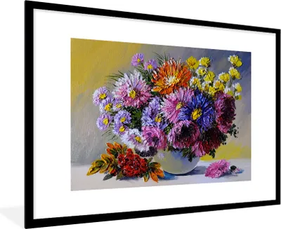 Produktbild von MuchoWow® Gerahmtes Poster Ölfarbe - Blumen - Stillleben 90x60 cm - Poster mit Schwarzem Bilderrahmen Wandposter Rahmen Foto Bilder - Wanddekoration - Fotos