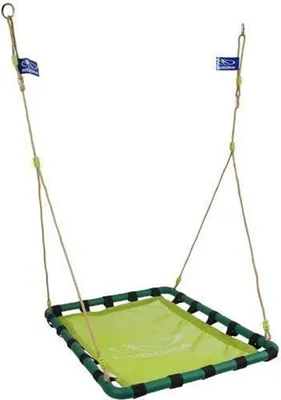 A square nest swing with green fabric and a green frame, suspended by ropes.