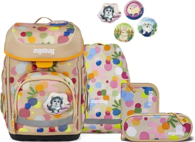 A set of school supplies including a backpack, a pencil case, and a pouch, all with a colorful polka dot pattern and animal patches.