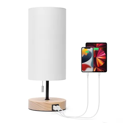 Produktbild von Aigostar Nachttischlampe mit 2 USB-Ladeanschlüssen, E27 Tischlampe mit Zugschalter, Holzsockel, Modern Tischleuchte, Weiß