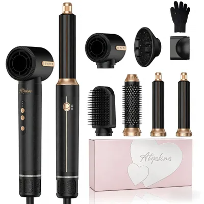 Produktbild von UKLISS 7-in-1-Haarstyler, 1400 W, 110.000 U/min, mit Diffusor, Rundbürste, Luftlockenstab, Glättbürste, Schwarz