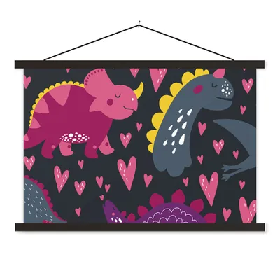 Produktbild von MuchoWow® Textilposter Dinosaurier - Kind - Muster - Rosa - Mädchen 150x100 cm mit schwarzem Rahmen - Schlafzimmer