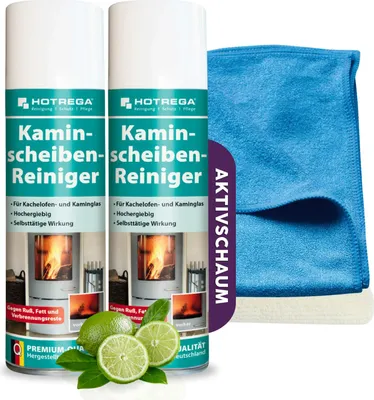 Produktbild von HOTREGA Kaminscheiben Reiniger 2x 300ml inkl. 2 Microfasertücher, Kamin Scheiben Schaum Reiniger Spray