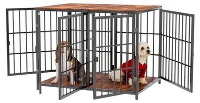 Produktbild von Hundebox - Hundekäfig - Hundebett - Welpenstall - 90x62x68,5 cm - Robuster Eisenrahmen mit Holzverkleidung