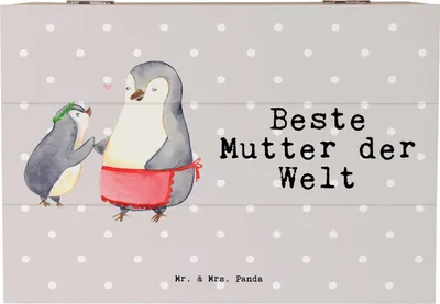 Produktbild von Mr. & Mrs. Panda holzschachtel Pinguin Beste Mutter der Welt 22 x 15 cm - Grau Pastell - Geschenk, Geschenkidee, fotobox, Geschenkbox, Truhe, Dankeschön, Muttertag, Box