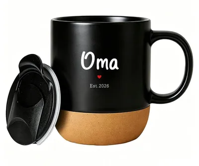 Produktbild von Kaffeebecher Keramik Schwarz mit Deckel und Korkboden 400ml