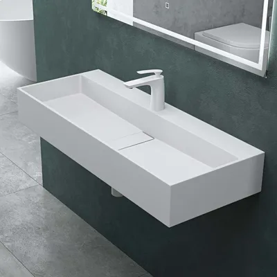 Produktbild von Mai & Mai Waschbecken Aufsatzwaschbecken Hängewaschbecken aus Mineralguss 100x40x14cm in Weiß matt mit Armaturloch Col6028