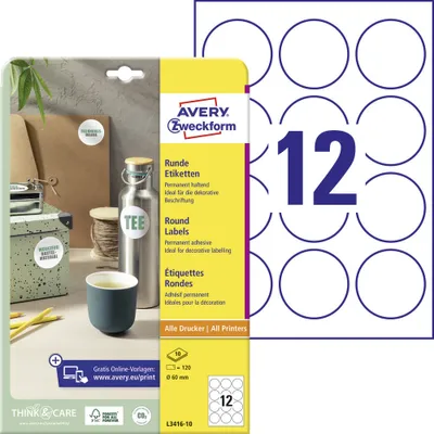 Produktbild von Avery Zweckform L3416-10 Runde Etiketten, A4, Ø 60 mm, weiß