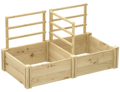Produktbild von Pflanzkasten - Hochbeet mit 3 Rankgittern - 2 Pflanzkübel - Tannenholz - Offener Boden - 119x62,5x64 cm - Naturholz