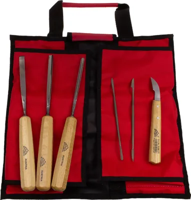 Produktbild von STUBAI Schnitzeisen- & Riffelraspelsatz Nr. 1 | 6-tlg. Set mit Balleisen 10 mm, Hohleisen 8 mm & 4 mm, Riffelraspel Nr. 1 & Nr. 2, Kerbschnitzmesser 45 mm | Schnitzwerkzeug in Rolltasche für Holzschnitzerei