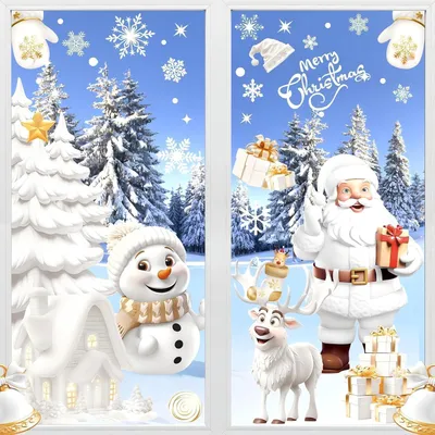 Obrázok produktu pre Vianočné okenné nálepky – 192 kusov, samolepiace, opakovane použiteľné, obojstranné, motívy: snehuliak, Santa Claus, dekorácie. 9 archov, rozmery 30x20 cm