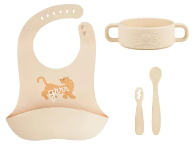 Immagine prodotto di Set di stoviglie per neonati Babymoov Mini Roar - adatto dai 4 mesi - set da 4 pezzi: bavaglino in silicone, 2 cucchiaini per neonati, ciotola. Lavabile in lavastoviglie