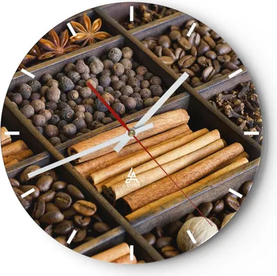 Produktbild von Wanduhr - Rund - Glasuhr - Zimt Vanille Kaffee Getreide - 40x40cm - Schleichendes Uhrwerk - Lautlos - zum Aufhängen bereit - Dekoration Modern - Wanddekoration aus Glas - C3AR40x40-2311