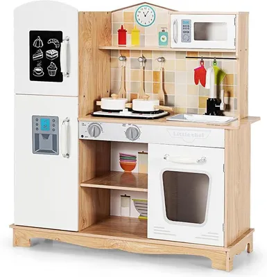 Imagen del producto de Cocina de juguete de madera con luces y sonidos, cocina infantil con fregadero, hornilla, horno, nevera. Cocina de madera, cocina de juguete con accesorios para niños a partir de 3 años