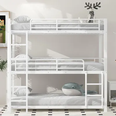 Produktbild von okwish Etagenbett Metallbett 90x200cm mit Lattenrost, Hochbett mit Rausfallschutz, Stockbett Kinderbett Jugendbett für 3 Kinder, Weiß