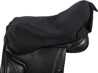 A black saddle cover is placed over a black leather saddle.