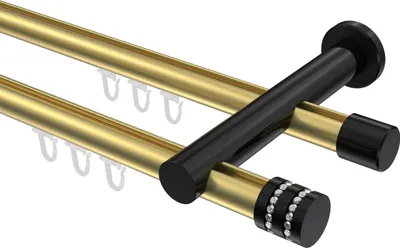 Produktbild von Interdeco Innenlaufstange / Gardinenstange mit Innenlauf Messing-Optik / Schwarz, Typ Platon Estana (Glitzerkappe), 20 mm Ø 2-läufig, 480 cm
