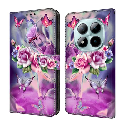 Produktbild von CLM-Tech Handyhülle kompatibel mit Xiaomi Redmi Note 15 Pro 5G 6,83 Zoll Hülle - Tasche aus Kunstleder - Klapphülle mit Ständer und Kartenfächern - Schutzhülle Wallet Case Cover lila Blumen Schmetterlinge