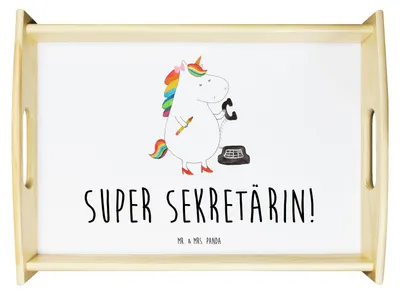 Produktbild von Mr. & Mrs. Panda Tablett Einhorn Sekretärin - Weiß - Geschenk, Steuerbüro, Holztablett, Unicorn, Dekotablett, Büro, Deko, serviertablett aus holz, Einhörner