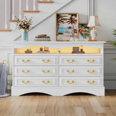 Produktbild von Fortuna Lai 120*40*70cm Wohnzimmerschrank,Moderne Kommode mit 6 Fächern, Breite 120 cm,Beistellschrank mit LED-Lichtleiste,Sideboard mit mit halboffenem Stauraum,Geeignet für Flure, Wohnzimmer, Büros,Weiß