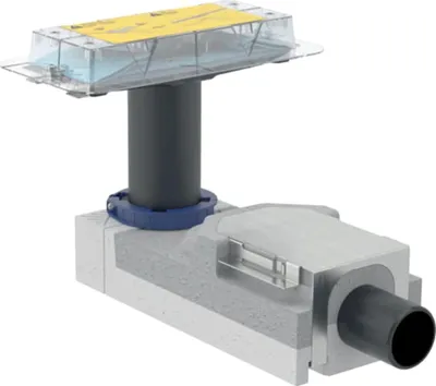 A cutaway view of a plumbing component, likely a drain assembly, showing its internal structure and how it connects to pipes.