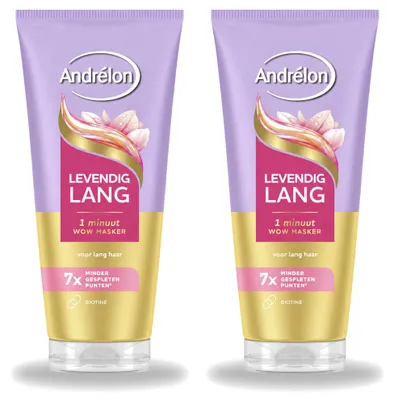 Produktbild von 2 x Andrélon Levendig Lang 1 Minuut WOW Haarmasker mit Biotin 180 ml - Vorteilspackung - 2 Stücke