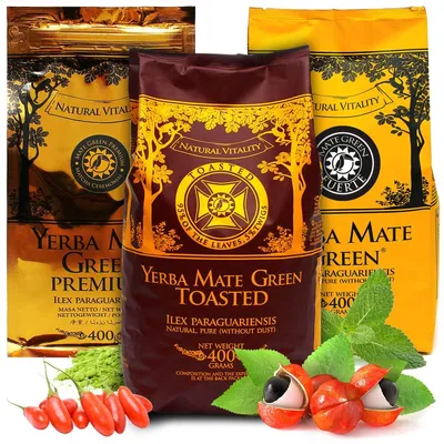 Produktbild von Yerba Mate Tee PREMIUM Set Mate Green - Mate-Tee Premium 400g, Yerba Mate Tee Toasted geröstet mate 400g, Yerba Mate-Tee Fuerte mit Krauter 400g