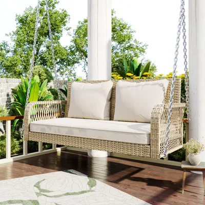 Produktbild von 2-Sitzer Polyrattan Hollywoodschaukel inkl. 11cm Polster Gartenschaukel Lounge-Set wetterfest Hängebank Beige