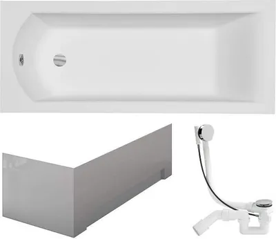Produktbild von VBChome Badewanne 140 x 70 cm Acryl SET Schürze Siphon Wanne Rechteck Weiß Design Modern Ablaufgarnitur in Chrom Viega Simplex