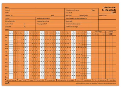 Produktbild von RNK Verlag Urlaubs- und Fehltagekarte 2027 tabellarisch orange 100 Karten