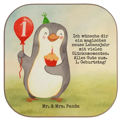 Produktbild von Mr. & Mrs. Panda Tassenuntersetzer 1. Geburtstag Pinguin Luftballon Design - Weiß - Geschenk, gläseruntersetzer, Untersetzer für Gläser, unterleger, Tischschoner