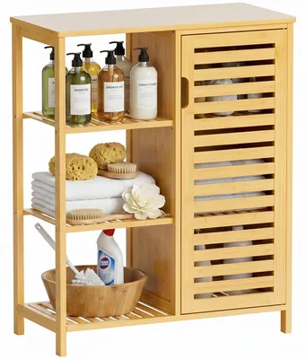 Badschrank aus Bambus, 1 Tür + 3 offene Regale, Natur