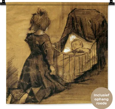 Produktbild von MuchoWow® Wandteppich Wandbehang Mädchen kniend bei einer Wiege - Vincent van Gogh 60x60 cm Tapisserie Dekoration Wandtuch - Dekorationen - Wand Decke