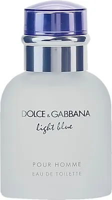 A close-up studio shot of a Dolce & Gabbana Light Blue Pour Homme Eau de Toilette spray bottle.
