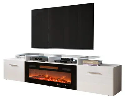 Produktbild von MIRJAN24 TV-Lowboard Rova mit Elektrischem Kamin, Stilvoll TV Schrank (Farbe: Weiß Matt / Weiß Hochglanz, mit weißer LED Beleuchtung)