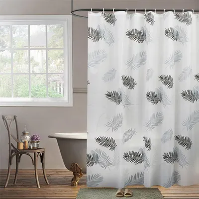 Produktbild von Schimmelresistenter Duschvorhang 200 x 200 cm mit Haken, wasserdichter Duschvorhang aus Kunststoff, halbtransparenter, waschbarer weißer PEVA-Badezimmervorhang mit schwarzen Blättern