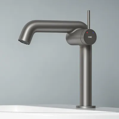 A minimalist faucet on a light gray background.