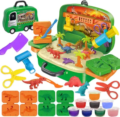 Productafbeelding van Klei Set Dinosaurussen Speelgoed in Koffer met Wielen, KinderenKlei vanaf 3 Jaar, Boetseerklei Gereedschap klei Set Cadeaus voor Jongens en Meisjes