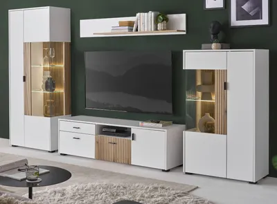 Produktbild von Wohnwand "Merced" Schrankwand weiß und Eiche 4-teilig 320 cm, mit Soft-Close und Staboptik