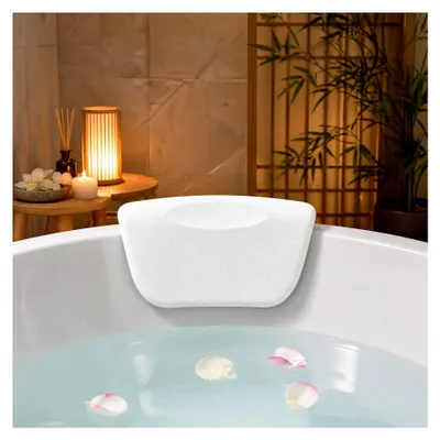 Produktbild von Wasserdichtes Badewannenkissen – Ergonomisches Kissen mit 2 Saugnäpfen – Nackenkissen für Badewanne, Badekissen für Whirlpool und Spa, Rutschfestes Kopfkissen – Weiß