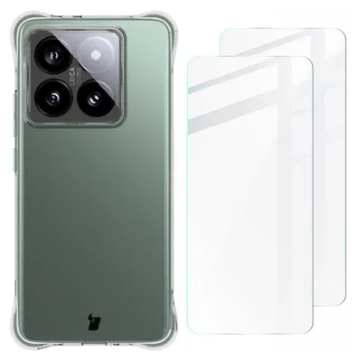 A clear phone case and two screen protectors are shown against a white background.